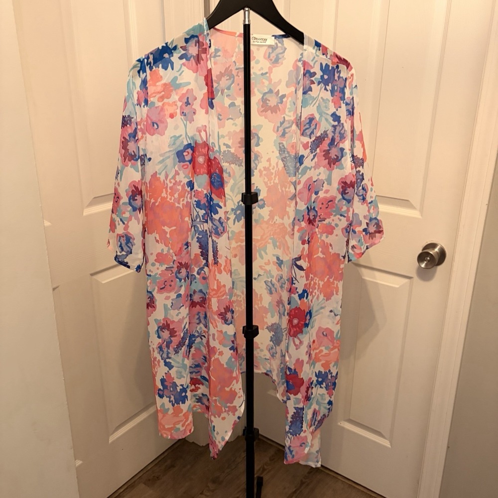 Chunoy Floral Chiffon Kimono Cardigan Open Front Beach Cover Up Size‎ Med EUC